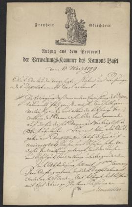 Auszug aus dem Protokoll der Verwaltungskammer des Kantons Basel, 13. März 1799