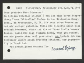 Emanuel Dejung an Walter Guyer, Winterthur, 21. Juni 1976