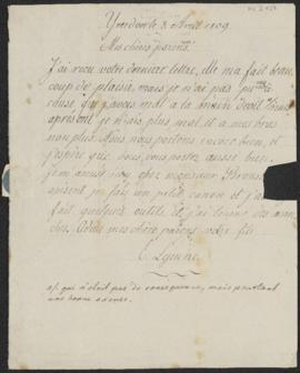 Eduard Lejeune an Maria Lejeune-de Orville und Franz Adam Lejeune, Yverdon, 8. April 1809 und kur...