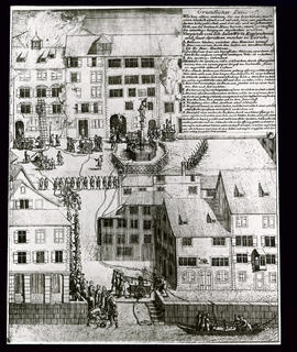 Feuerbekämpfung durch Spritzen, Plan des Jakob Wiss in Zürich, 18. Jh.