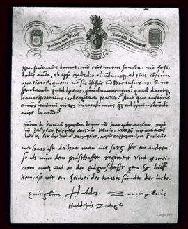 Drei Proben v. Zwingli's Handschrift nebst seinem Wappen
