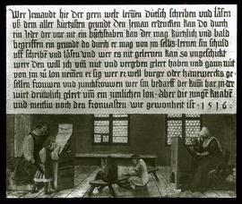 Schreibunterricht: Basel, Museum: Schulmeister und seine Frau, Aushängeschild 1516, H. Holbein jr