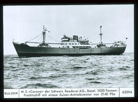 M.S. "Carona" der Schweizerischen Reederei AG, Basel: 3000-Tonnen Frachtschiff mit eine...
