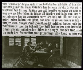 Schulmeister lehrt zwei erwachsenen Gesellen schreiben: Aushängeschild 1516, Basel, Museum, Holbe...