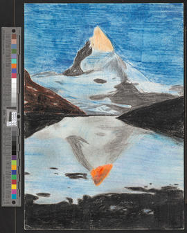 [Das Matterhorn spiegelt sich in einem Bergsee]