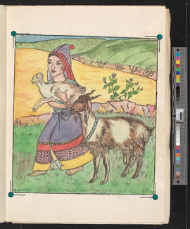 [Indische Frau mit Ziegenkitz auf dem Arm und Ziege]