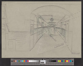 Skizze von Bleistiftzeichnung nach Natur: Gang im 2. Stock vom Inselschulhaus