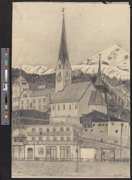 Johanniskirche und Rathaus in Davos-Platz mit Schatzalp Sanatorium und Schiahorn