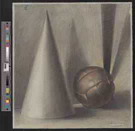 Copia di un cono con accanto un pallone da giuoco/[Kegel und Lederball]