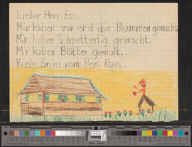 [Brief an Hans Ess mit einer Zeichnung von einem Haus und einem Menschen]